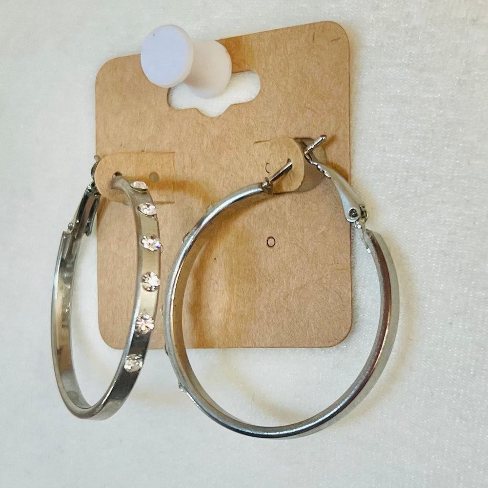 Argentine Stainless Steel & Sparkling Rhinestone Clasp Post Large Hoop Earrings - Picture 1 of 7